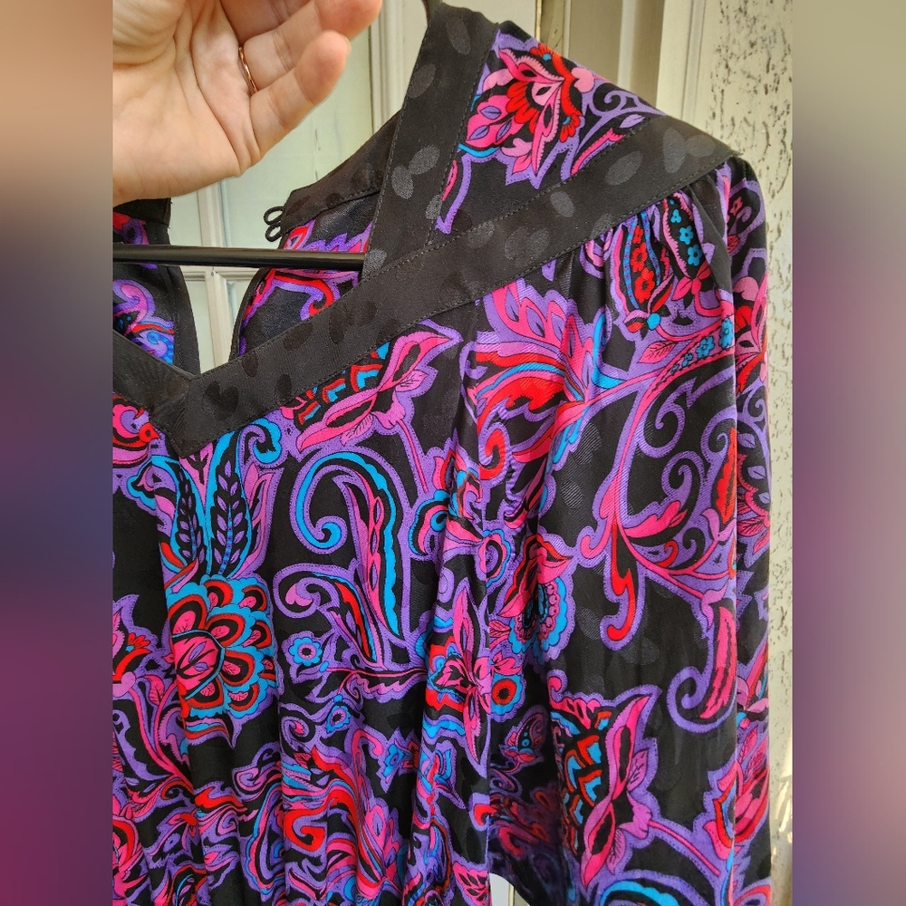 RARE vintage 80s Diane Freis SILK dress in a bold black &  purple paisley L - Picture 5 of 8